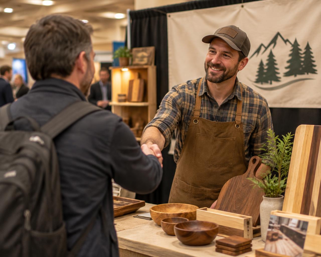 A skilled tradesperson greeting a visitor at their expo booth